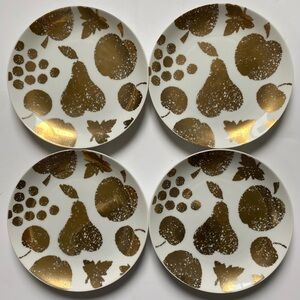 Crate & Barrel 8” Salad Plate White Gold Fruit Metallic EUC Japan Vintage Apple
